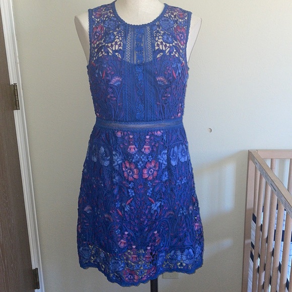 Marchesa Blue and Pink Lace Mini Dress - Picture 2 of 14